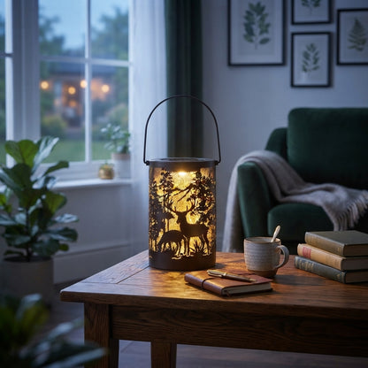 Solar Hollow Lantern - Etched Iron Deer Silhouette Hanging Light with 3000K Warm White Glow and IP65 Rating for Gardens and Balconies
