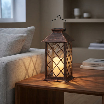 Vintage Garden Lantern - Antique Bronze Solar Lantern with Open Linear Frame, Hanging Hook and 6 to 8 Hours of LED Light, 11 Inches Tall