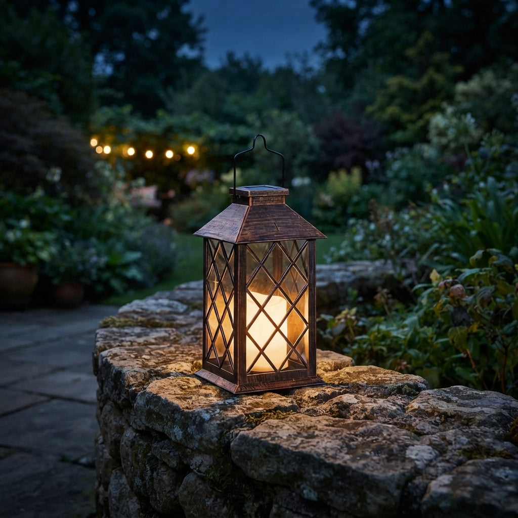Vintage Garden Lantern - Antique Bronze Solar Lantern with Open Linear Frame, Hanging Hook and 6 to 8 Hours of LED Light, 11 Inches Tall