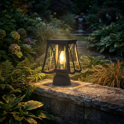 Modern Post Light - Glass and Stainless Steel Pillar Lamp in Black with a Choice of Solar or Hardwired Power for Courtyard and Patio Paths