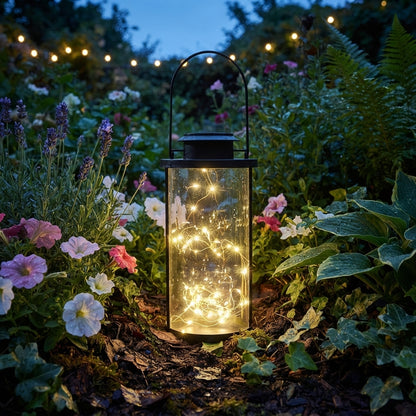 Portable Solar Lantern - Retro Clear Glass and Black Aluminum Jar Light with 50 Warm White LEDs and IP65 Rating for Courtyard and Lawn