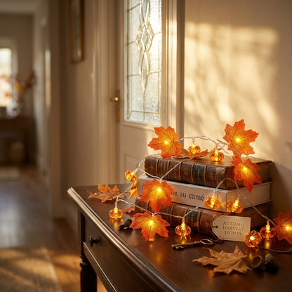 Pumpkin and Maple Leaf Autumn String Lights - Warm White Cool-Touch Strand in Two Lengths for Mantels, Windows, Table Runners and Doorways