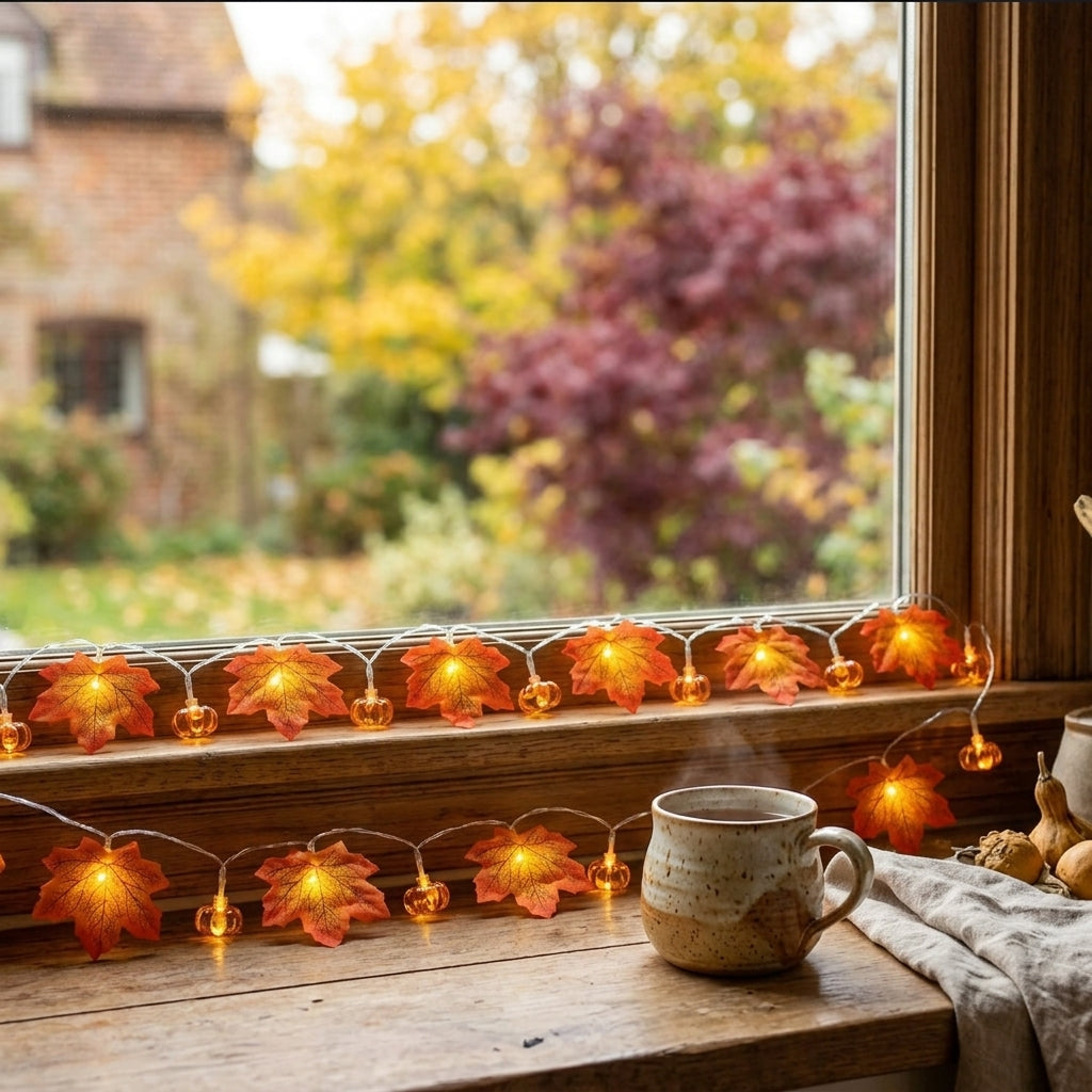 Pumpkin and Maple Leaf Autumn String Lights - Warm White Cool-Touch Strand in Two Lengths for Mantels, Windows, Table Runners and Doorways