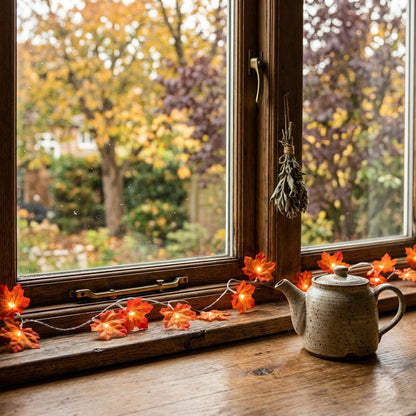 Maple Leaf String Lights - Translucent Amber Leaf Covers in 10, 20 or 40 LED Runs with USB or Battery Power for Mantels and Harvest Tables