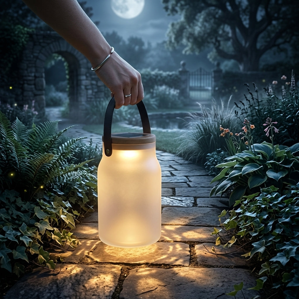 Solar Lawn Light - Bottle Jar Glass and Teak Wood LED Lantern, IP54 Waterproof at 9 by 15 Inches, in Sets of 1 to 8 for Yard and Park