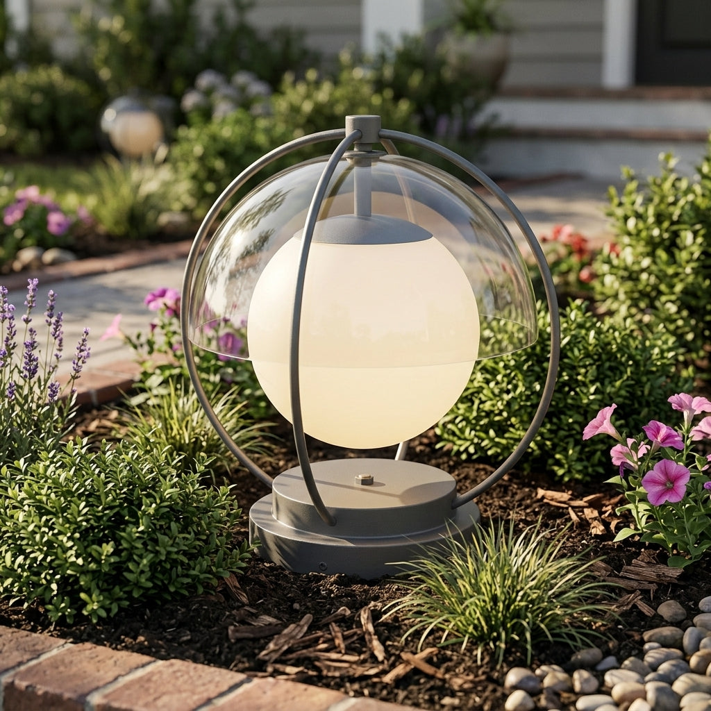 Modern Globe Planet Post Light - Gray Metal and PMMA Solar or Hardwired Orb from 7.8 to 15.7 Inch Diameter for Courtyard and Patio Posts
