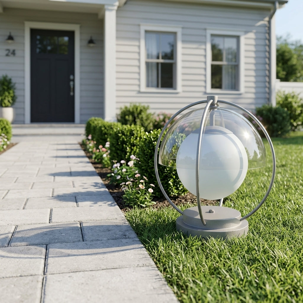 Modern Globe Planet Post Light - Gray Metal and PMMA Solar or Hardwired Orb from 7.8 to 15.7 Inch Diameter for Courtyard and Patio Posts