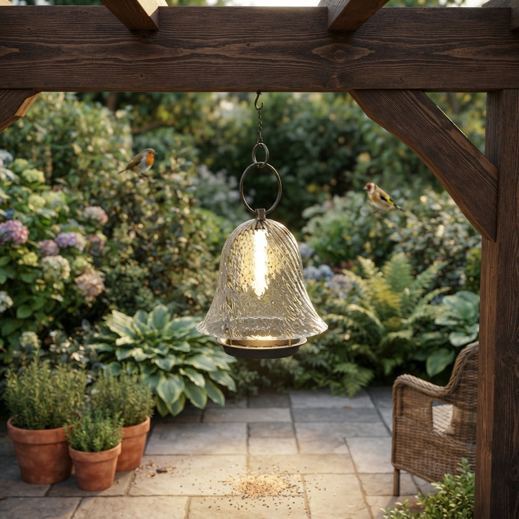 Solar Bell Porch Landscape Light - Clear Glass and Stainless Steel Bell Lamp in 5.91 and 9.57 Inch Widths, Solar or Rechargeable