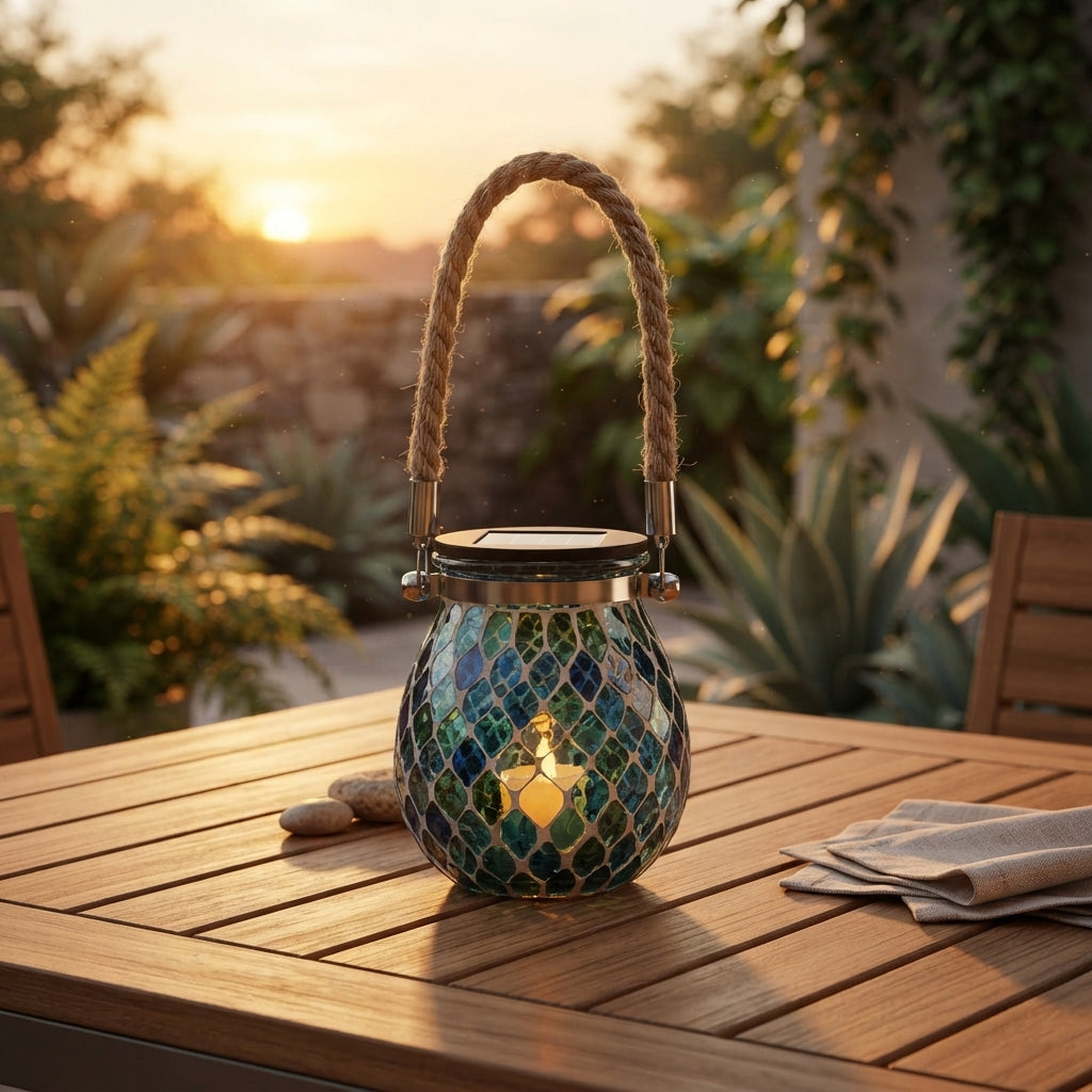 Mosaic Landscape Light - Handcrafted Stained Glass Solar Cup Lamp in Cylinder and Oval Shapes, IP65 Rated with Up to 12 Hours of Light