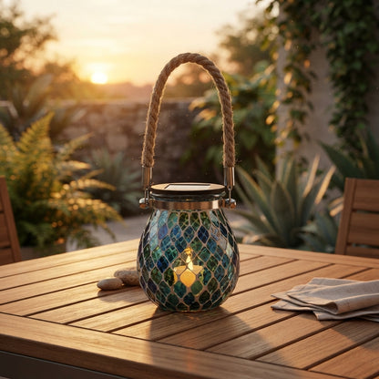 Mosaic Landscape Light - Handcrafted Stained Glass Solar Cup Lamp in Cylinder and Oval Shapes, IP65 Rated with Up to 12 Hours of Light