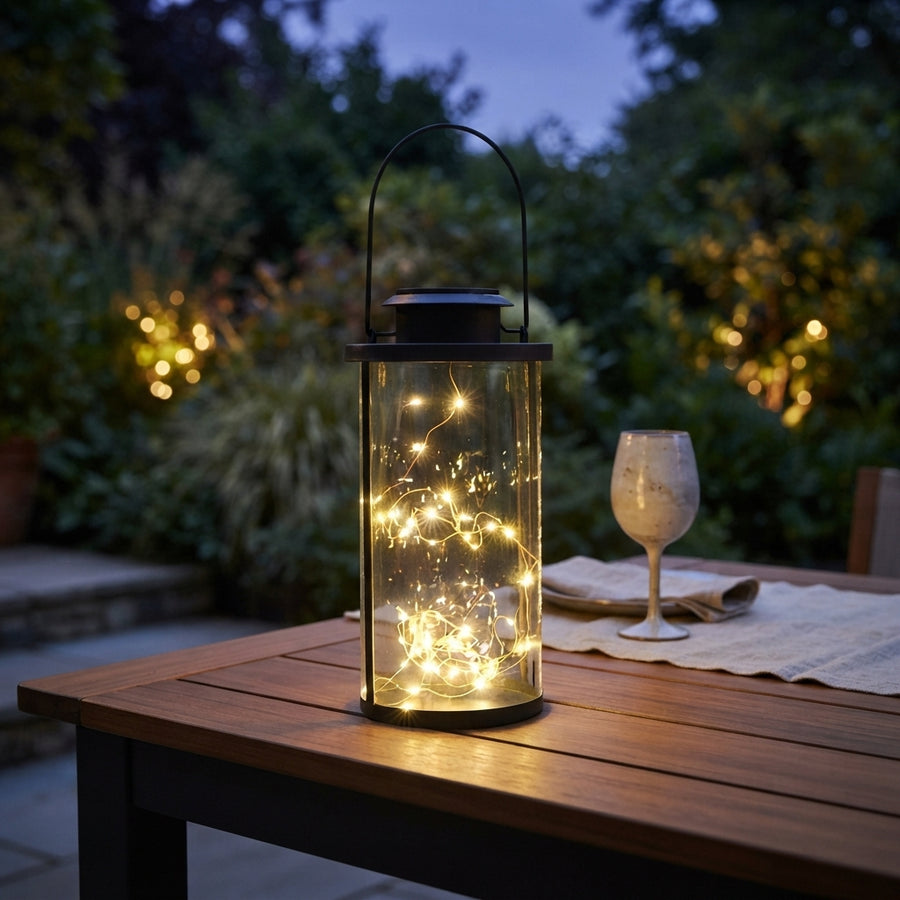 Portable Solar Lantern - Retro Clear Glass and Black Aluminum Jar Light with 50 Warm White LEDs and IP65 Rating for Courtyard and Lawn