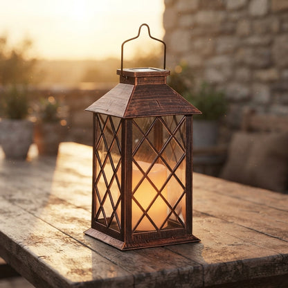 Vintage Garden Lantern - Antique Bronze Solar Lantern with Open Linear Frame, Hanging Hook and 6 to 8 Hours of LED Light, 11 Inches Tall