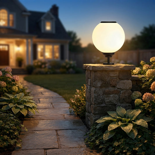 Fence Solar Globe Post Light - White Die-Cast Aluminum and PC Globe Lamp from 7.9 to 19.7 Inch Diameters, Available Single or in 8-Packs