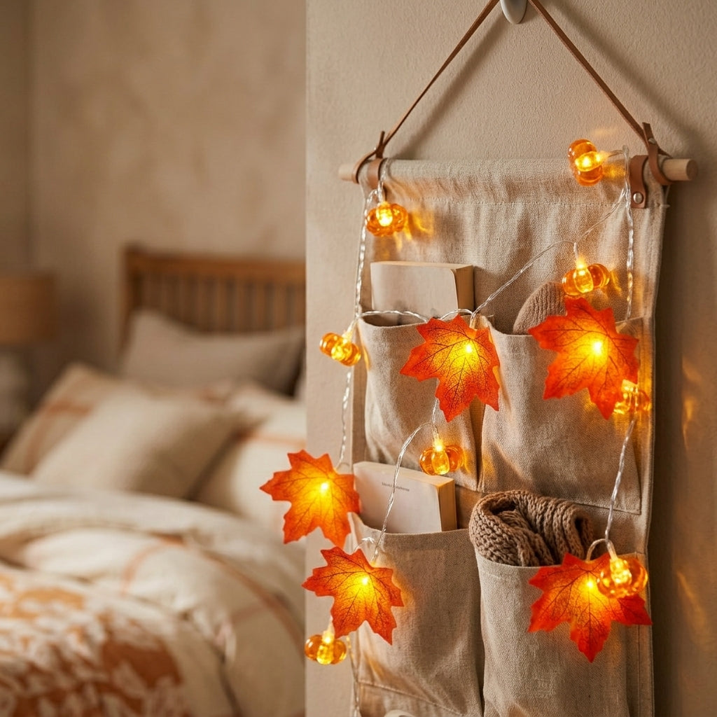 Pumpkin and Maple Leaf Autumn String Lights - Warm White Cool-Touch Strand in Two Lengths for Mantels, Windows, Table Runners and Doorways