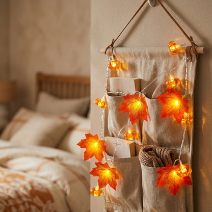 Pumpkin and Maple Leaf Autumn String Lights - Warm White Cool-Touch Strand in Two Lengths for Mantels, Windows, Table Runners and Doorways