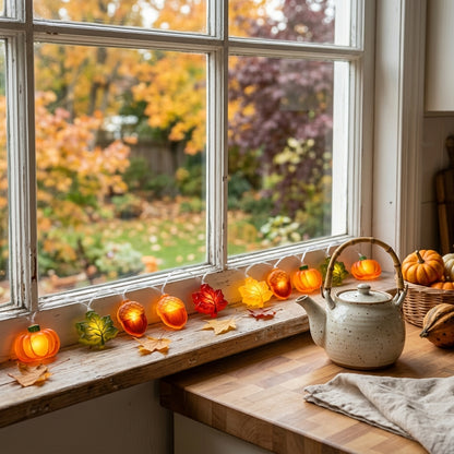 Pumpkin and Maple Leaf Halloween String Lights - Pumpkin, Acorn and Leaf Motifs in 10 or 20 LED Strands and Two Styles for Doorways and Bars