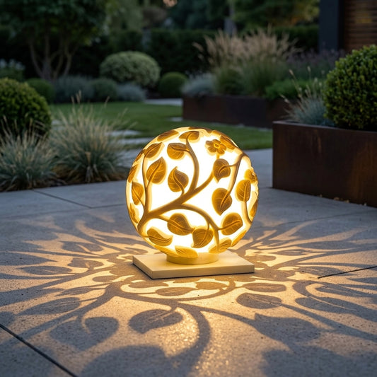 Globe Hollow Post Light - White Openwork Sphere from 9.84 to 23.62 Inch Diameter, Solar or Hardwired, for Courtyard and Patio Posts