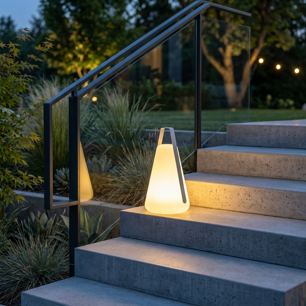 Portable LED Lantern - Aluminum and Acrylic 5W Warm Light with USB or Solar Charging in 13 and 21.7 Inch Heights for Lawns and Garden Paths