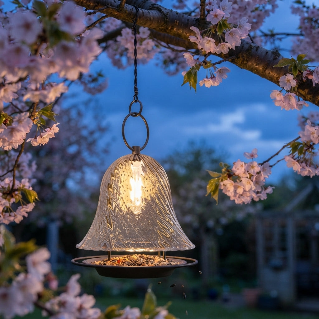 Solar Bell Porch Landscape Light - Clear Glass and Stainless Steel Bell Lamp in 5.91 and 9.57 Inch Widths, Solar or Rechargeable