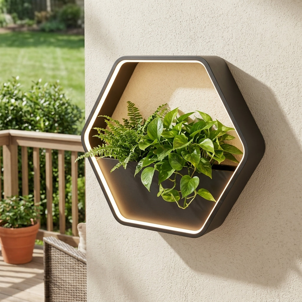 Plant Wall Light - Black Stainless Steel Solar or Hardwired Sconce in Square, Rectangular, Hexagon and Round from 15.75 to 33.46 Inches