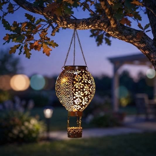 Hot Air Balloon Solar Lantern - Bronze Cast Iron Openwork Lantern, 5.9 by 17.7 Inches, 3000K Warm White with Chain Hook, IP44 Rated