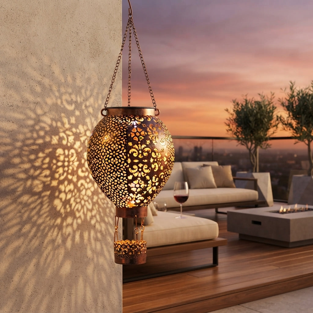 Hot Air Balloon Solar Lantern - Bronze Cast Iron Openwork Lantern, 5.9 by 17.7 Inches, 3000K Warm White with Chain Hook, IP44 Rated