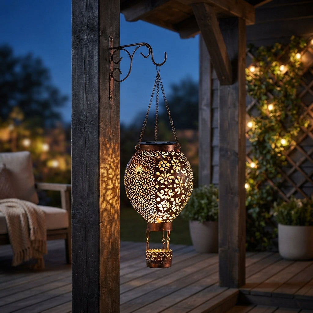 Hot Air Balloon Solar Lantern - Bronze Cast Iron Openwork Lantern, 5.9 by 17.7 Inches, 3000K Warm White with Chain Hook, IP44 Rated
