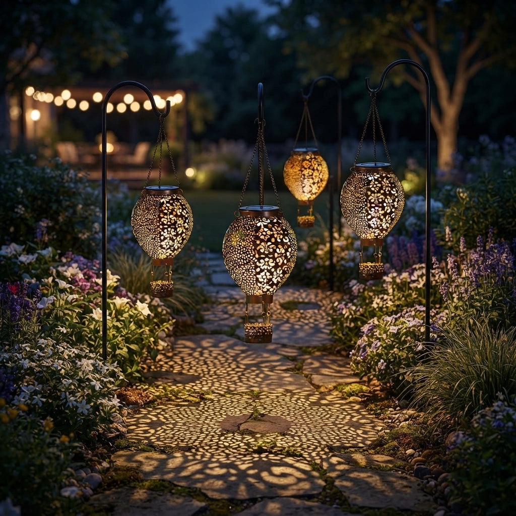 Hot Air Balloon Solar Lantern - Bronze Cast Iron Openwork Lantern, 5.9 by 17.7 Inches, 3000K Warm White with Chain Hook, IP44 Rated