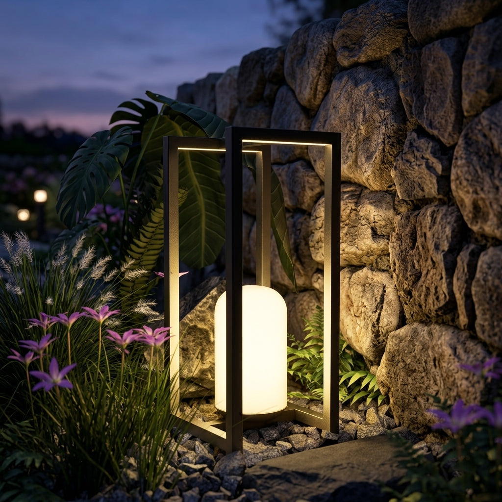 Black Outdoor Camping Lantern - Matte Stainless Steel and Acrylic 5W Warm LED with Hardwired, USB or Solar Power in Two Designs
