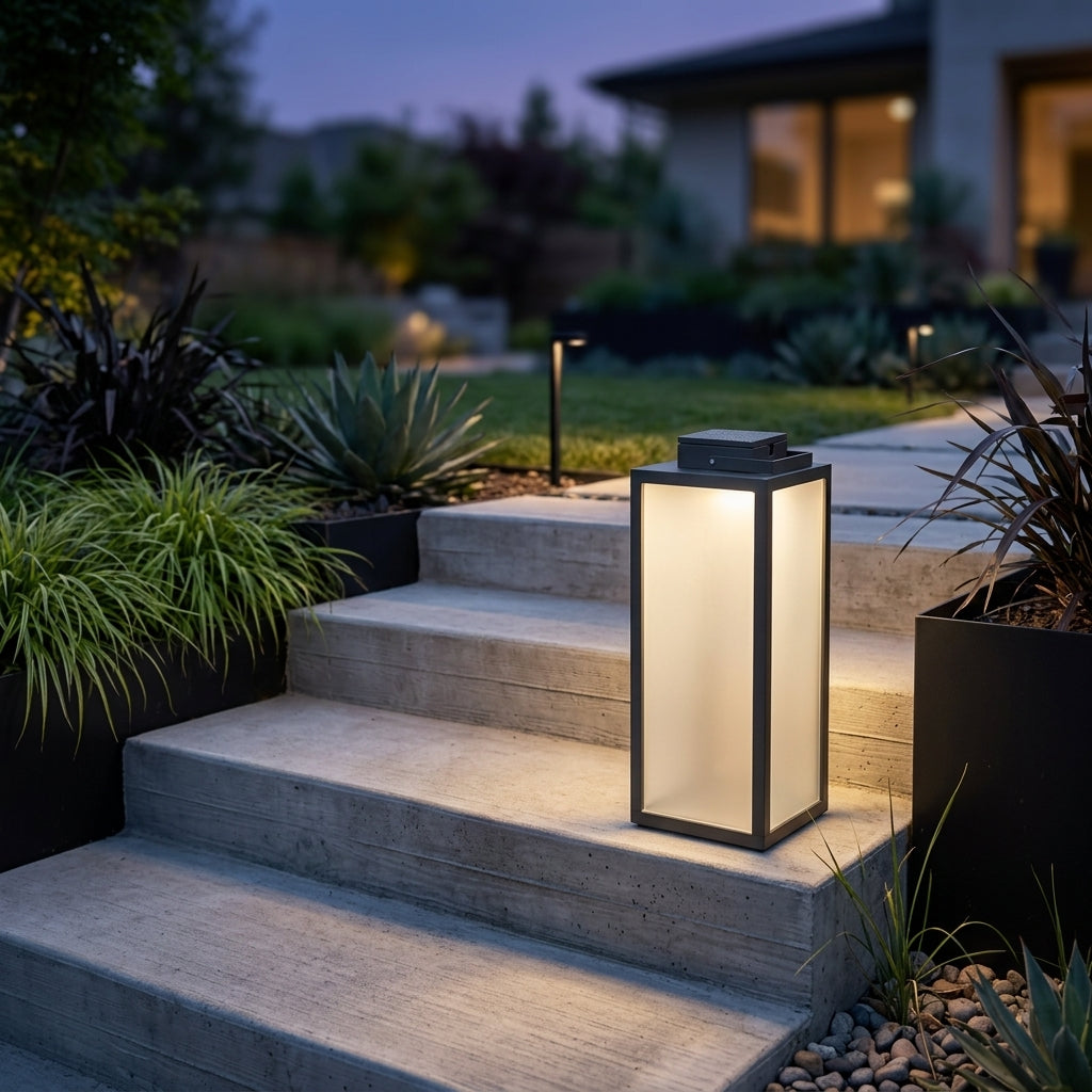 Square Solar Lantern - Black Stainless Steel and PC Portable Light with Warm White 3000K LED, IP65 Rating and 15.7 Inch Height, Open-Box