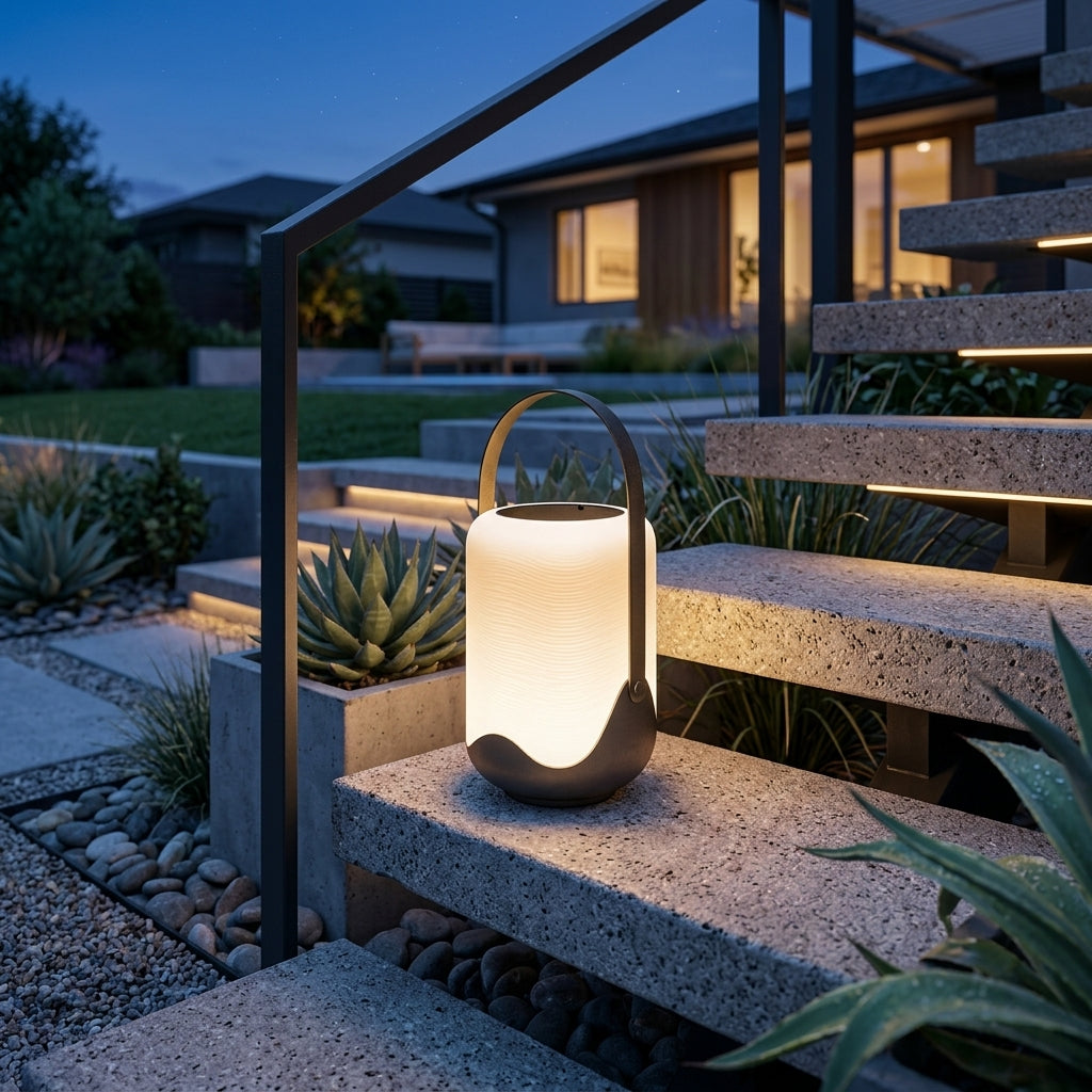 Portable Solar Floor Lantern - Black Iron and White Acrylic Light with Remote Control, Three Color Temperatures and Solar or USB Charging