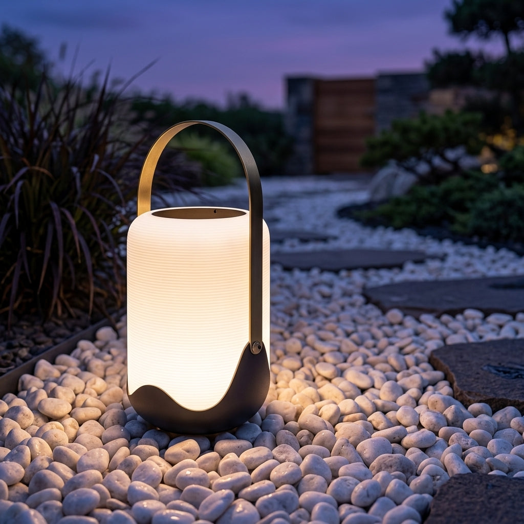 Portable Solar Floor Lantern - Black Iron and White Acrylic Light with Remote Control, Three Color Temperatures and Solar or USB Charging