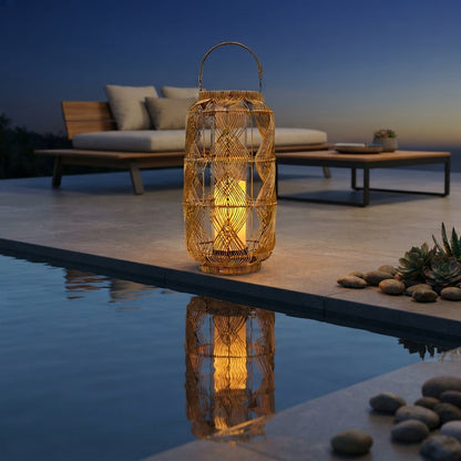 Rattan Solar Floor Lamp - 29 Inch PE Rattan and Iron Light with 80 Lumen 3000K LED and USB or Solar Charging for Garden, Patio and Balcony