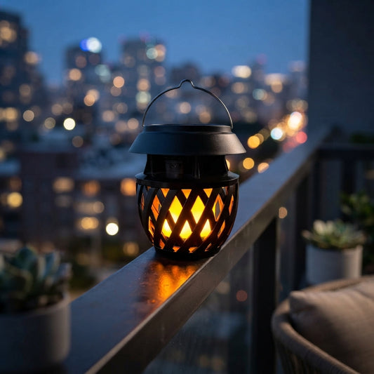 Flickering Flame Solar Lantern - Black ABS Light with Constant, Breathing and Flame Modes, IP55 Rating and USB Charging for Yard and Cafe