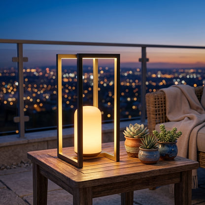 Black Outdoor Camping Lantern - Matte Stainless Steel and Acrylic 5W Warm LED with Hardwired, USB or Solar Power in Two Designs