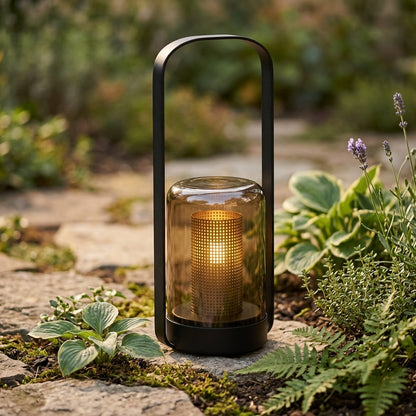 Cylinder Solar Lantern - Black Stainless Steel and Glass Tube Light with Warm Solar Glow for Bedroom, Courtyard and Patio Tabletops