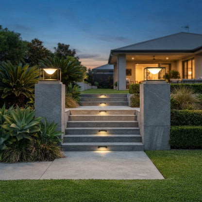 Square Dripping Post Light - Black Acrylic and Stainless Steel Cap Lamp in 7.87 to 15.75 Inch Lengths, Solar or Hardwired for Patios