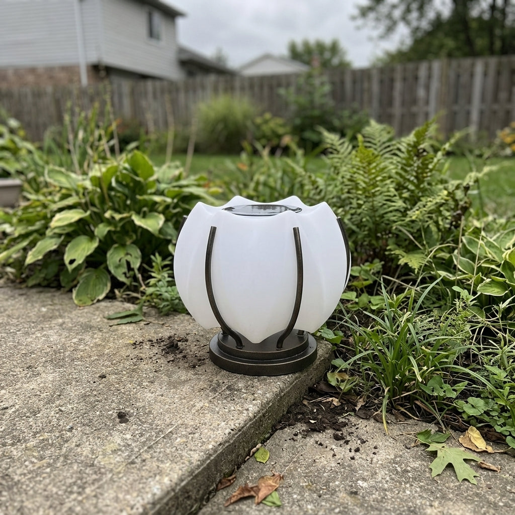 Flower Post Light - Gray and White Stainless Steel with Acrylic Shade, Solar or Hardwired, in 7.8 to 15.7 Inch Diameters for Courtyards