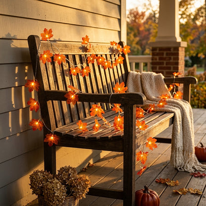 Maple Leaf String Lights - Translucent Amber Leaf Covers in 10, 20 or 40 LED Runs with USB or Battery Power for Mantels and Harvest Tables