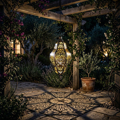 Moroccan Outdoor Lantern - Silver Wrought Iron Hollow Solar Light in Round or Long Strip Shape with 0.5W Warm LED for Patio and Terrace