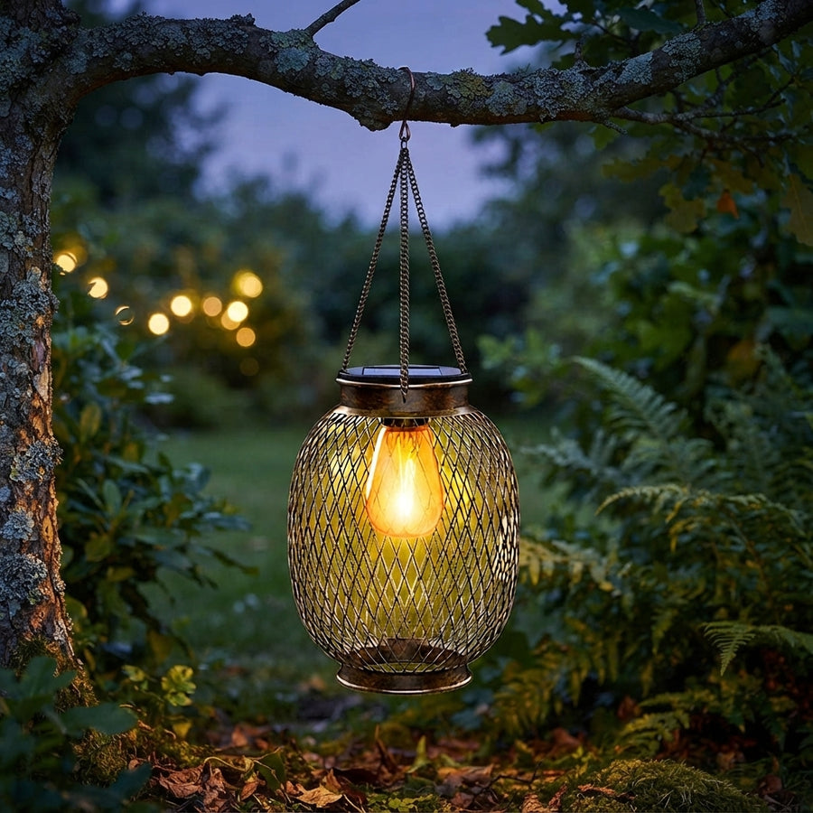 Outdoor Hanging Lantern - Rustic Iron and ABS Solar Light in Round or Oval Shapes with 2700K Warm White, IP44 Rating and Hanging Chain