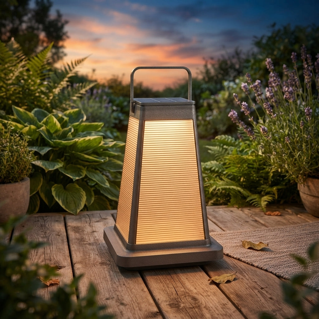 Square Solar Lantern - Black Die-Cast Aluminum Light with Milky White or Striped PC Shade in 15 and 19 Inch Heights for Balcony and Yard