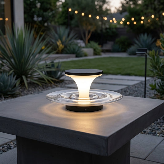 Modern Fountain Post Light - Black and Gray Stainless Steel with Glass and PC Shade, DC 12 V, 110 V or Solar, for Courtyard and Patio