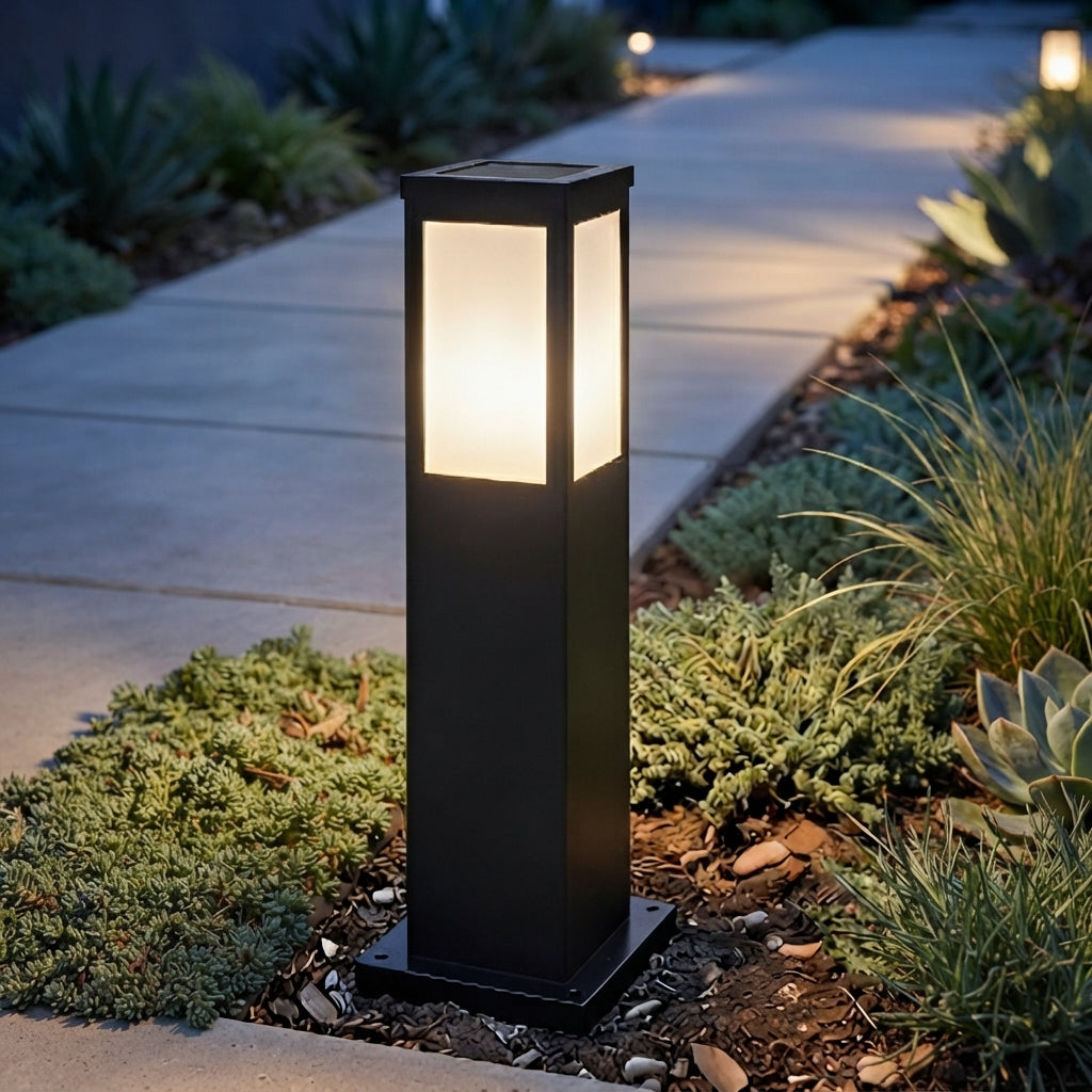 Post Square Modern Landscape Light - Black Iron and Acrylic Bollard Column in 17.7 and 23.6 Inch Heights for Industrial Courtyards