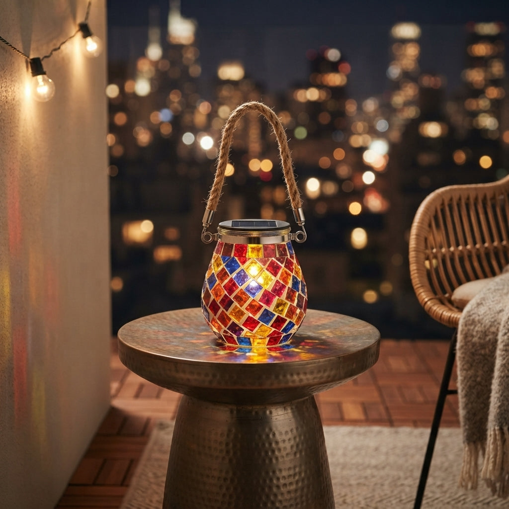 Mosaic Landscape Light - Handcrafted Stained Glass Solar Cup Lamp in Cylinder and Oval Shapes, IP65 Rated with Up to 12 Hours of Light