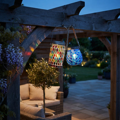 Mosaic Landscape Light - Handcrafted Stained Glass Solar Cup Lamp in Cylinder and Oval Shapes, IP65 Rated with Up to 12 Hours of Light