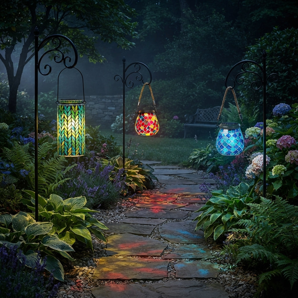 Mosaic Landscape Light - Handcrafted Stained Glass Solar Cup Lamp in Cylinder and Oval Shapes, IP65 Rated with Up to 12 Hours of Light