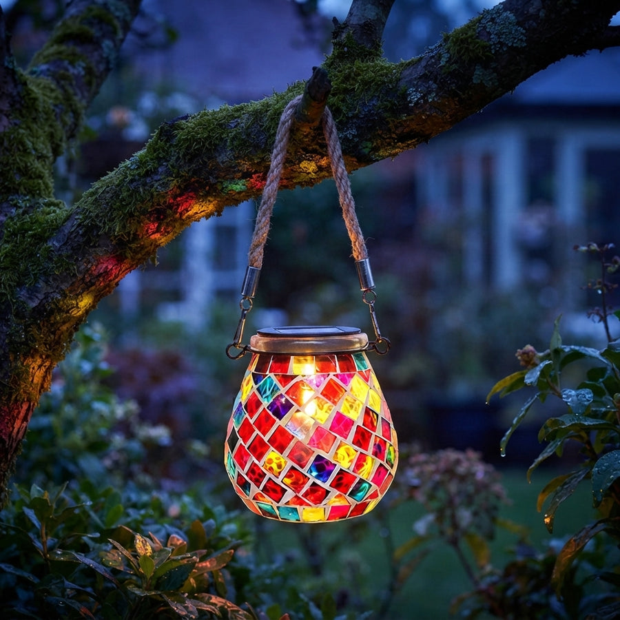 Mosaic Landscape Light - Handcrafted Stained Glass Solar Cup Lamp in Cylinder and Oval Shapes, IP65 Rated with Up to 12 Hours of Light