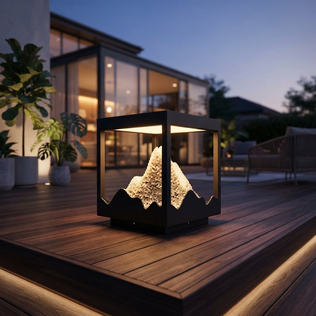 Mountain Post Light - Gray Glass, Resin and Stainless Steel Peaked Cap Lamp from 8.7 to 23.6 Inches, Solar or Hardwired for Courtyards