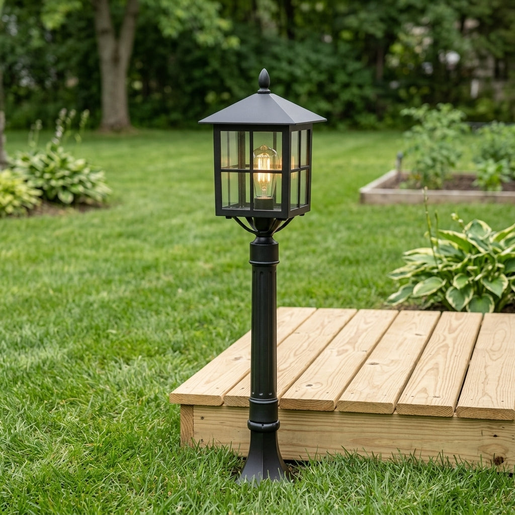 Post Retro Lantern Landscape Light - Black Die-cast Aluminum Bollard with Solar or Hardwired Power for Courtyard Paths and Framed Entries